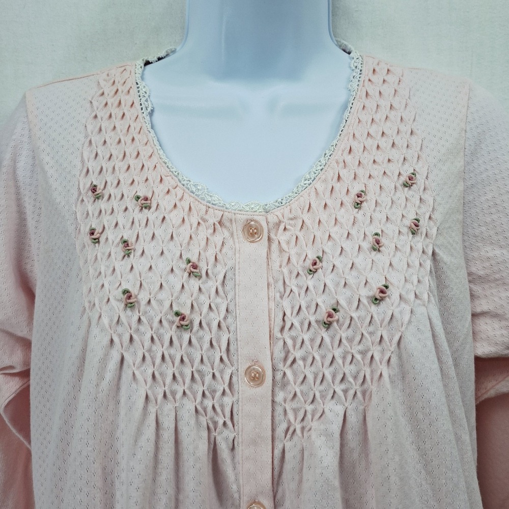 Go Softly Nightgown Size S Pink Lace Trim Pinhole Long sleeve Button Up Cottage